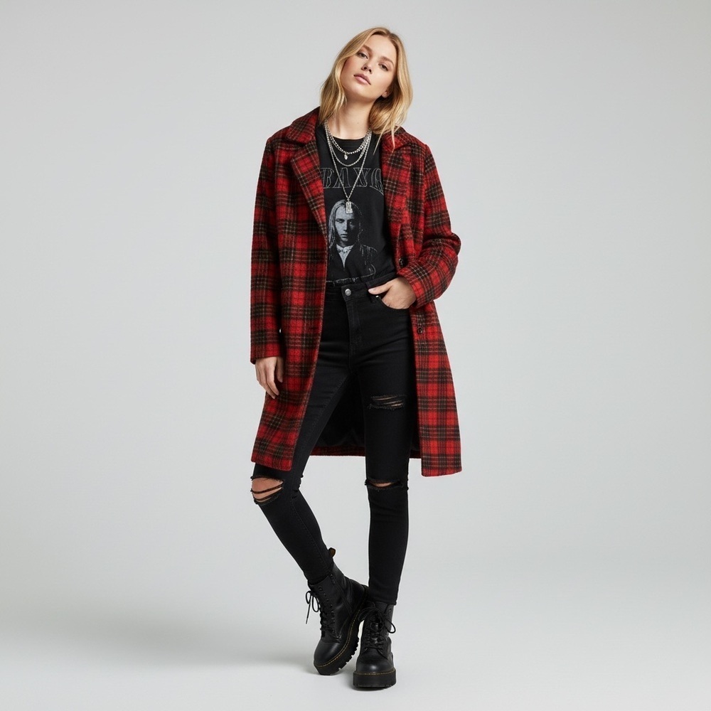 Motel Rocks Red Black Tartan Plaid Wool Coat Grunge Academia Twee classic